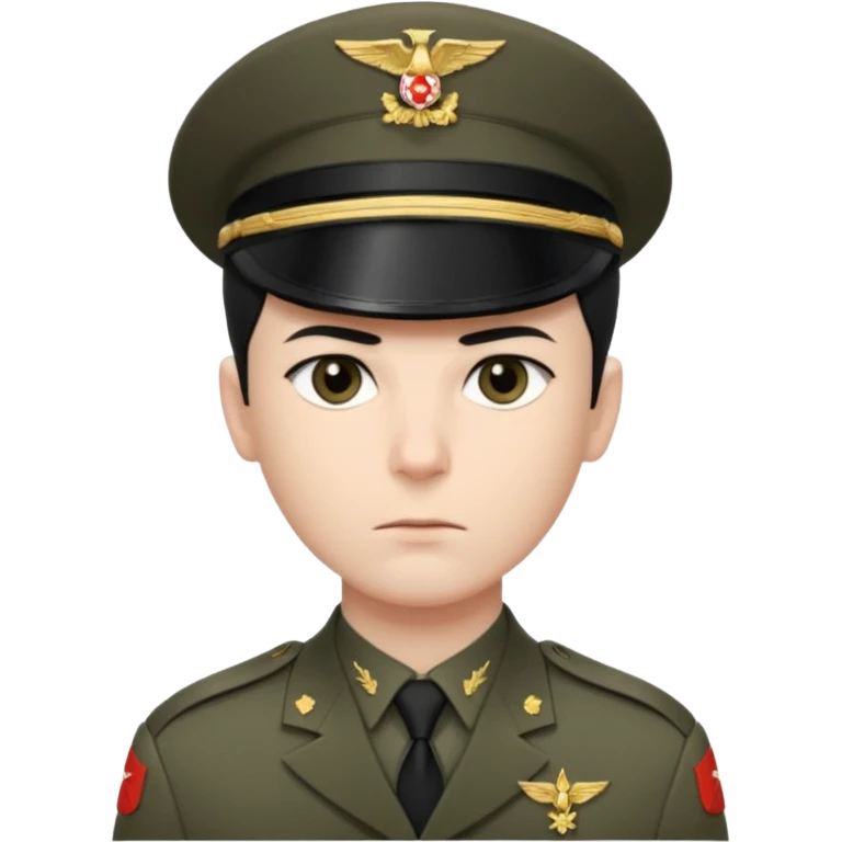 short black neat hair, sharp dark gray eyes, pale skin, serious expression, wearing military uniform, upright posture, minimal accessories, sharp and precise style. Man emoji