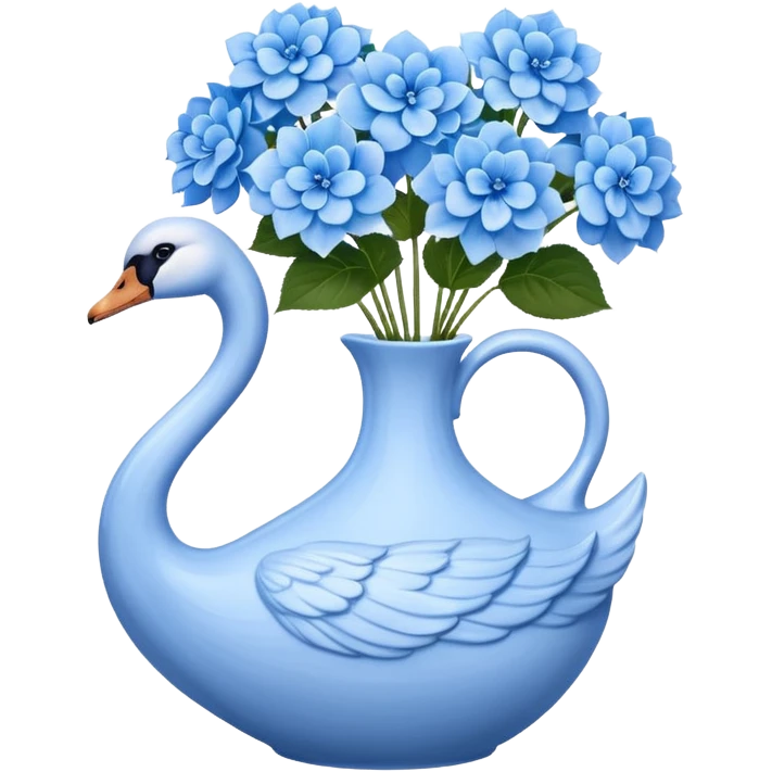 Light blue swan shaped vase with blue flowers in it emoji