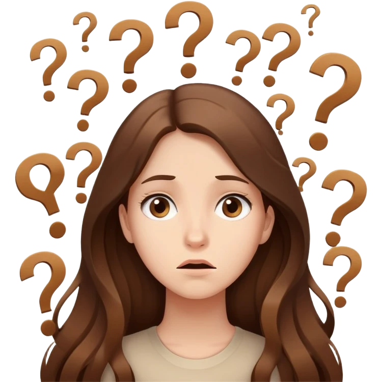Confused girl with long brown hair surrounded by floating question marks elegant beige emoji