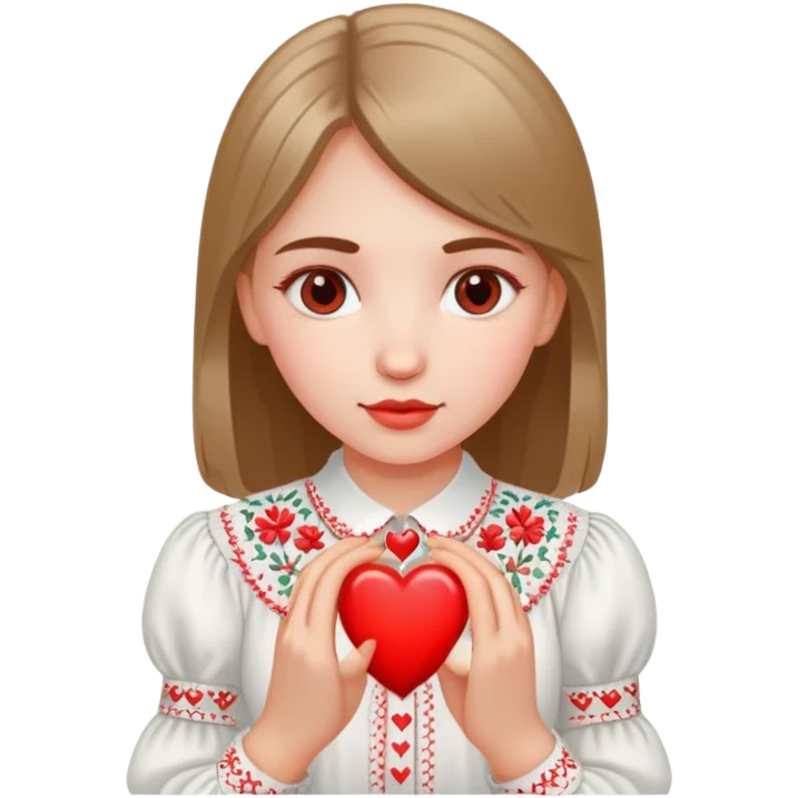 Ukrainian girl in a white embroidered shirt holds a heart in her hand emoji