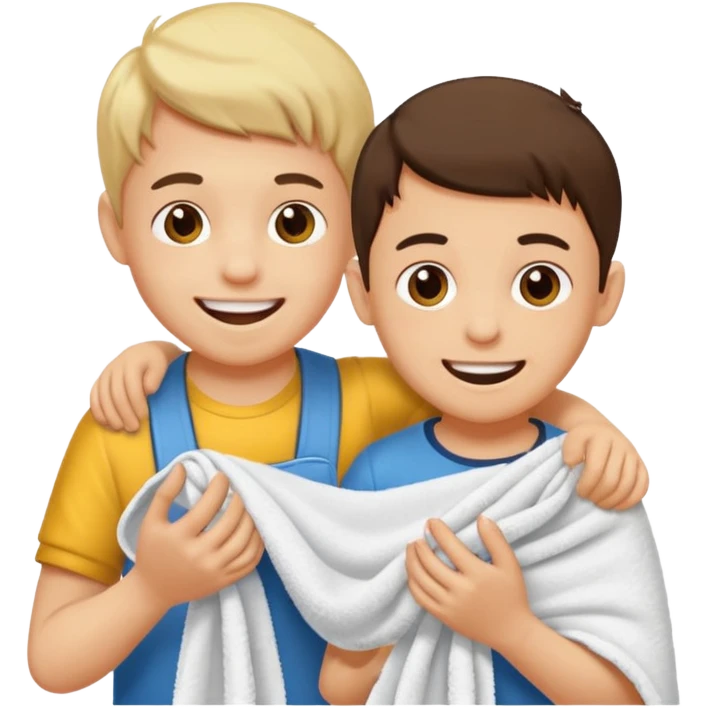 un niño pequeño y un hombre jugando al juego de tirar la soga, en vez de soga una toalla blanca emoji