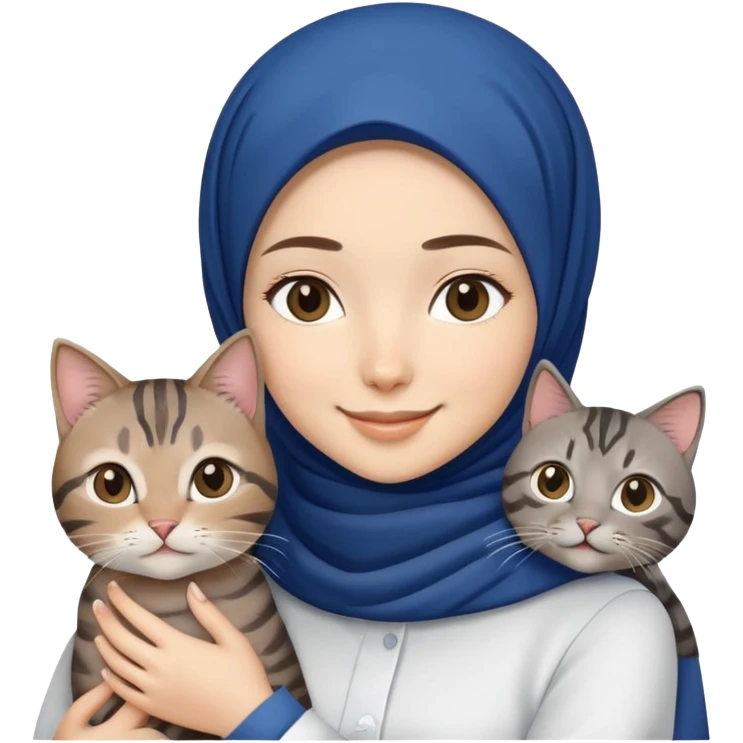 Asian white Girl wearing dark blue hijab with white shirt smiling while holding a black brown grey tabby cat emoji
