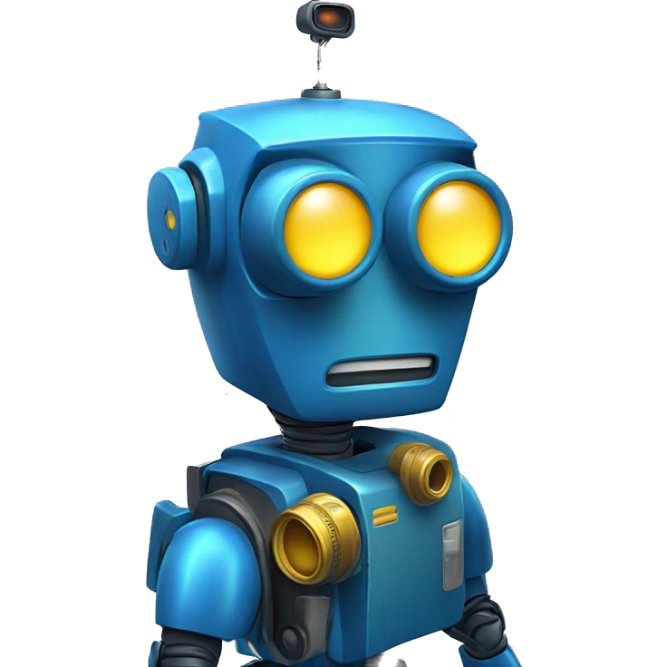 blue robot with a camera for a head and a glowing yellow lense emoji