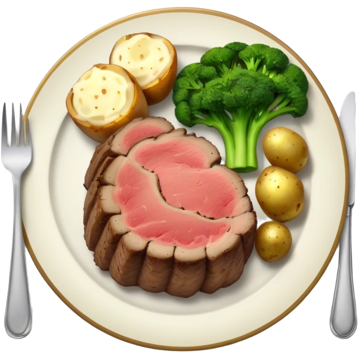 Plate of prime rib baked potato broccoli and parsnip emoji