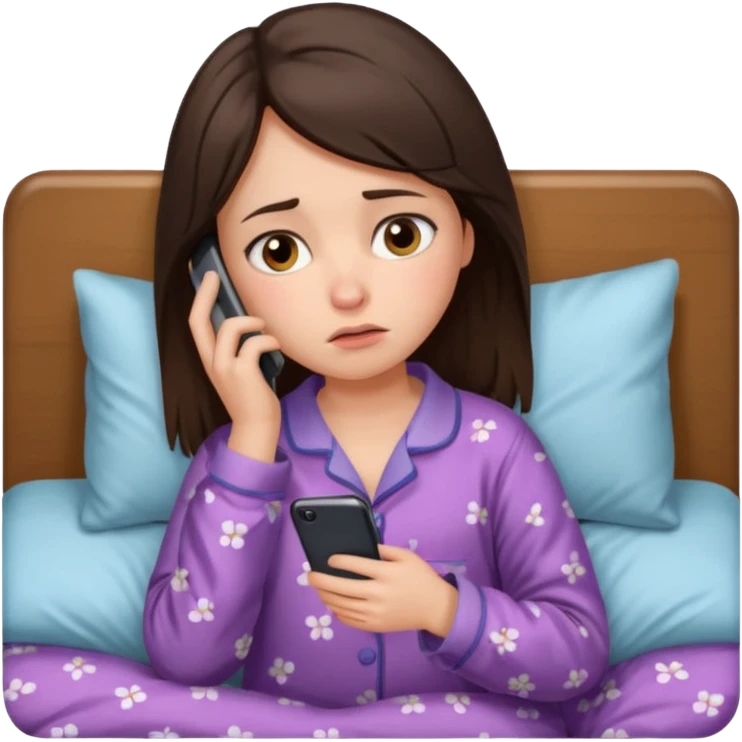 generate a girl brunette using her phone in bed. she looks sad emoji
