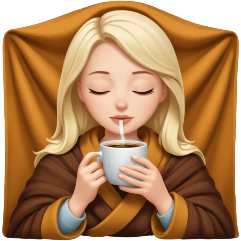 White Girl inside a blanket sipping coffee eyes closed emoji