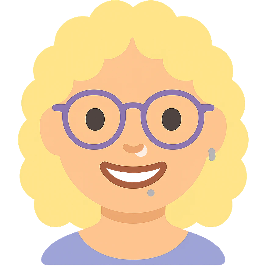 female human with light skin, blond curly hair, glasses, nose piercing, lip piercing, smiling expression emoji