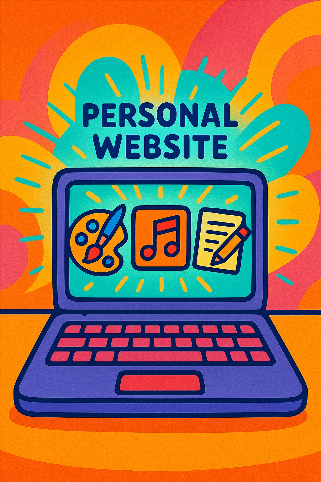 a stylized laptop with a glowing screen displaying icons for art, music, and writing, representing a personal website for creative work, vibrant toon style emoji