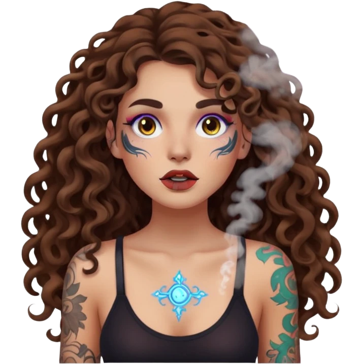 woman with long curly brown hair, brown eyes, white skin, tattoos, neon fog coming from her breath emoji