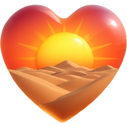 Add a realistic sun inside the glass heart, above the desert sand dunes, keep the glass look and no vegetation, 3D emoji style, with no background emoji