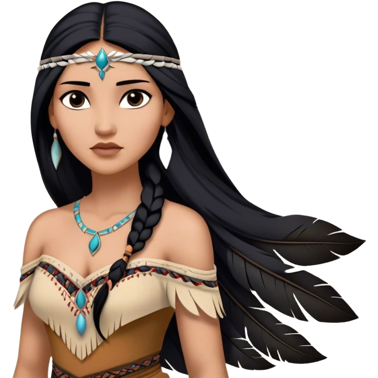Cinematic Realistic Pocahontas Portrait, depicted with lifelike skin texture, soft natural lighting, and intricately detailed long, flowing raven-black hair that moves gracefully in the wind. Her deep, soulful dark brown eyes exude wisdom and strength, complemented by a serene yet powerful expression. She is dressed in her classic one-shoulder native american dress, with rich fabric textures and delicate beaded details that catch the light beautifully. The portrait features a soft, sun-kissed glow with a natural, radiant finish, capturing the essence of untamed beauty and deep connection to nature in a realistic and painterly style, evoking a sense of depth and authenticity. emoji