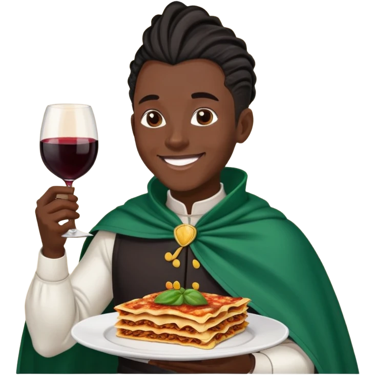  High fade widows peak ponytail dreadlock male black hair dark skin smiling and nigerian cape eating lasagna and wine  emoji