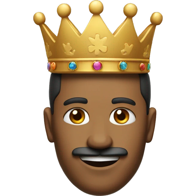 the head of a man with a king's crown, a mustache, smiling and making the peace sign emoji