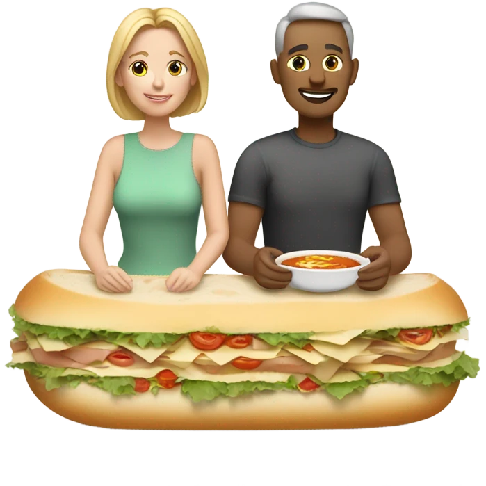 White couple sitting on top of big sandwich. They are eating soup sitting on t emoji