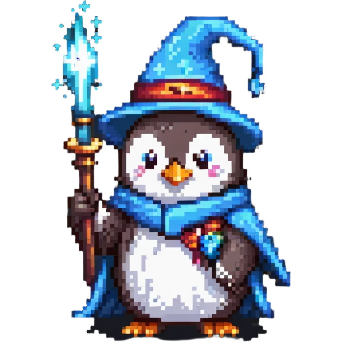 penguin wearing a wizard hat and robe, holding a magic wand emoji