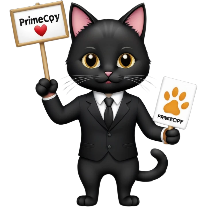 A cat in a black business suit holds a sign with the inscription "PrimeCopy" with one paw and shows a like with the other paw emoji