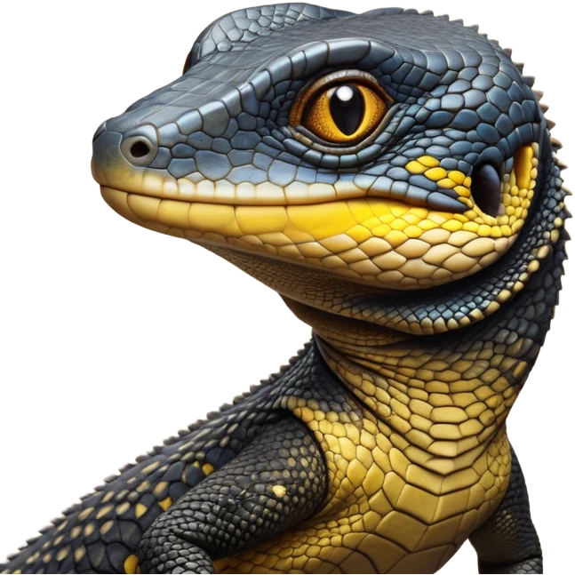 cinematic-realistic-cute-monitor-lizard-portrait-emoji,-head-tilted-playfully-and-inquisitively,-featuring-a-compact,-agile-body-with-finely-detailed,-glossy-scales-in-earthy-black and yellow-hues-and-a-distinct,-alert-face-with-bright,-curious-eyes, black , yellow spotted and green band  scales and a big long neck emoji