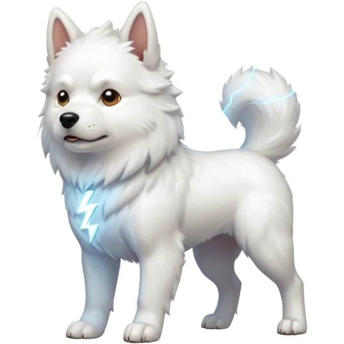 powerful white dog with glowing lightning emoji