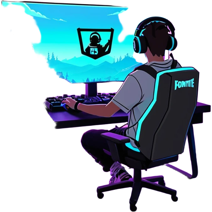 A gamer in a pro set up gaming room with LED lights playing Fortnite emoji