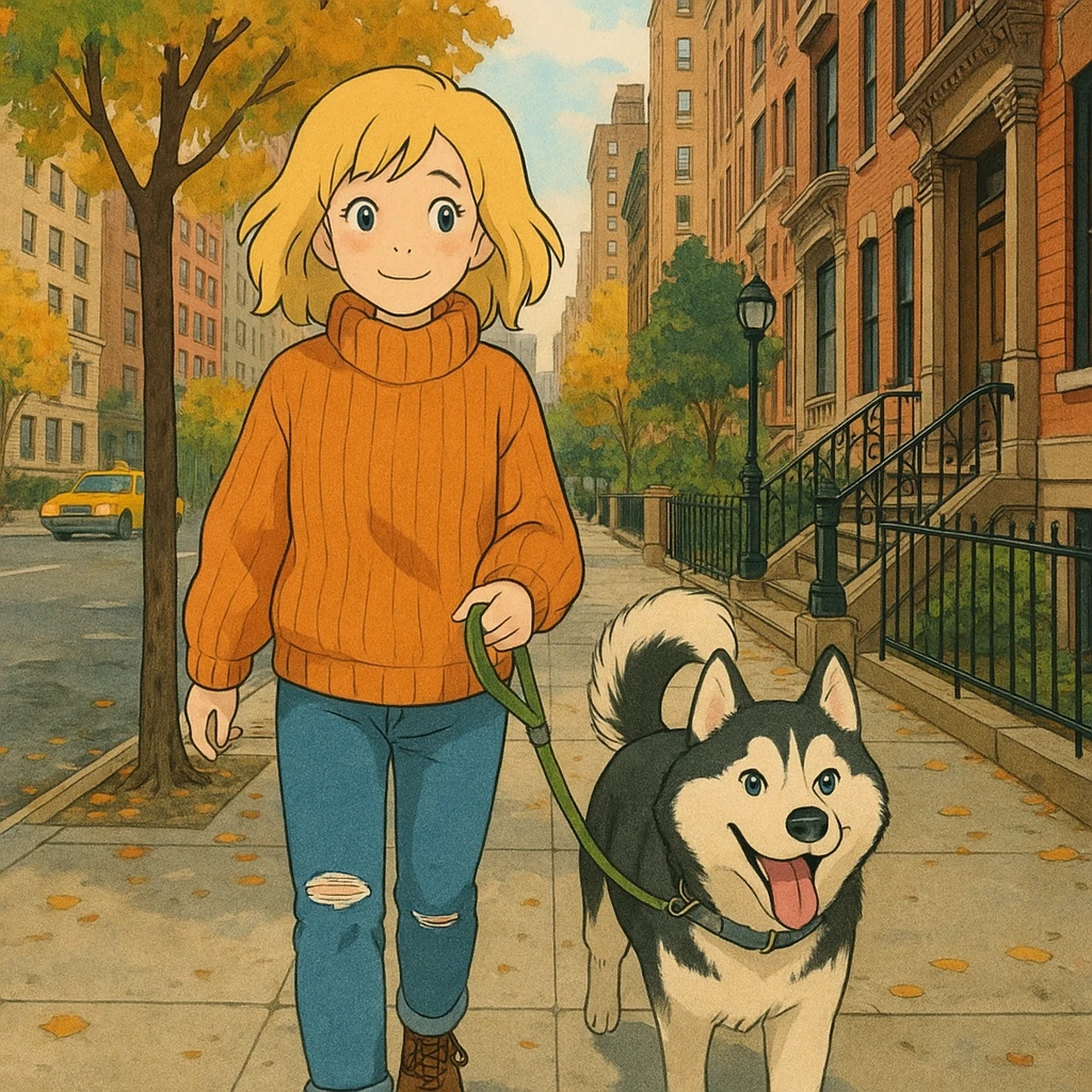 Cute Blonde woman wearing a sweater walking a happy Siberian husky in New York City on an upper east side city sidewalk  emoji