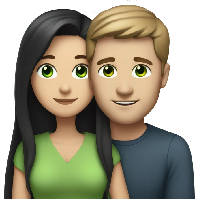 White man with blue eyes and BROWN hair hugging white woman with long straight black hair and green eyes emoji
