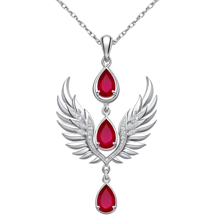 teardrop ruby pendant with fiery light, tiny phoenix feather, shimmering white stones, silver chain, ethereal and powerful rebirth theme emoji