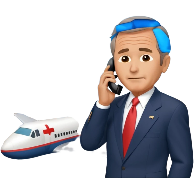 animated emoji of the world trade center with a plane crashed into it and george bush on a phone in front of it emoji