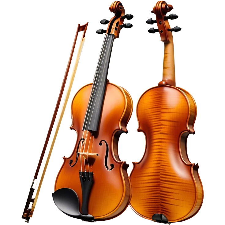Create an elegant and detailed emoji representing a Stradivari violin. The design should showcase the finely crafted wooden body of the violin, with its smooth curves and rich, golden-brown wood finish. Highlight the intricate f-holes, fingerboard, and bridge. The bow should be placed next to the violin, with visible horsehair and a polished wooden stick. Use warm, deep wood tones for the body and subtle silver or gold accents for the fittings. Add a soft glow or light reflections to emphasize the exquisite craftsmanship and timeless beauty of the instrument. The background should be transparent. emoji