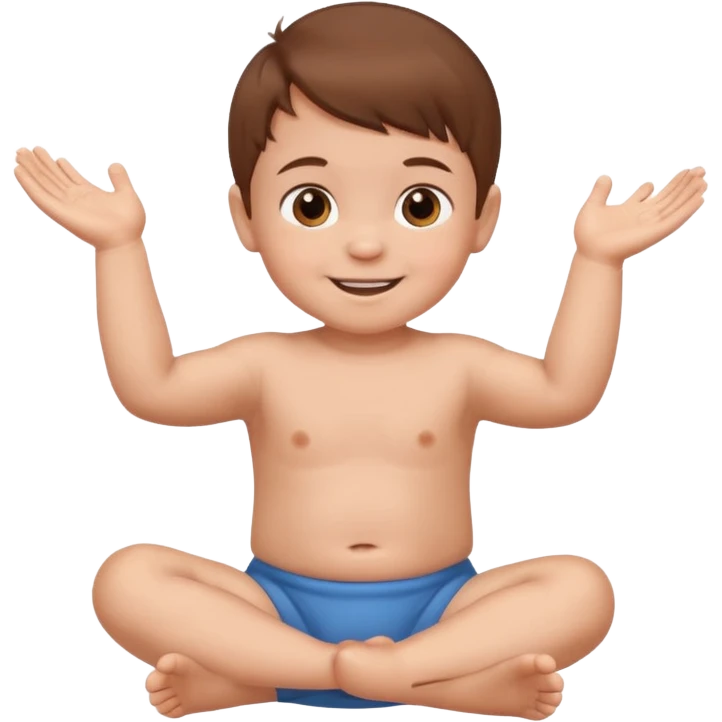 A smiling baby boy with brown hair, sitting, moving its arms and hands. emoji