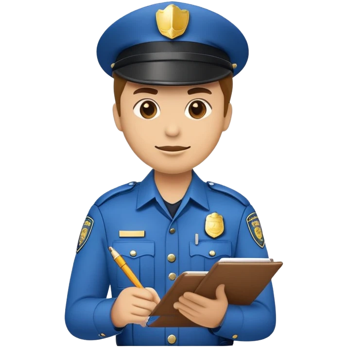An emoji of a traffic police officer writing a ticket. The officer wears a traditional uniform with a hat and badge, holding a notepad and pen. The design is simple, cartoonish, and emoji-like, with a neutral yet authoritative expression emoji