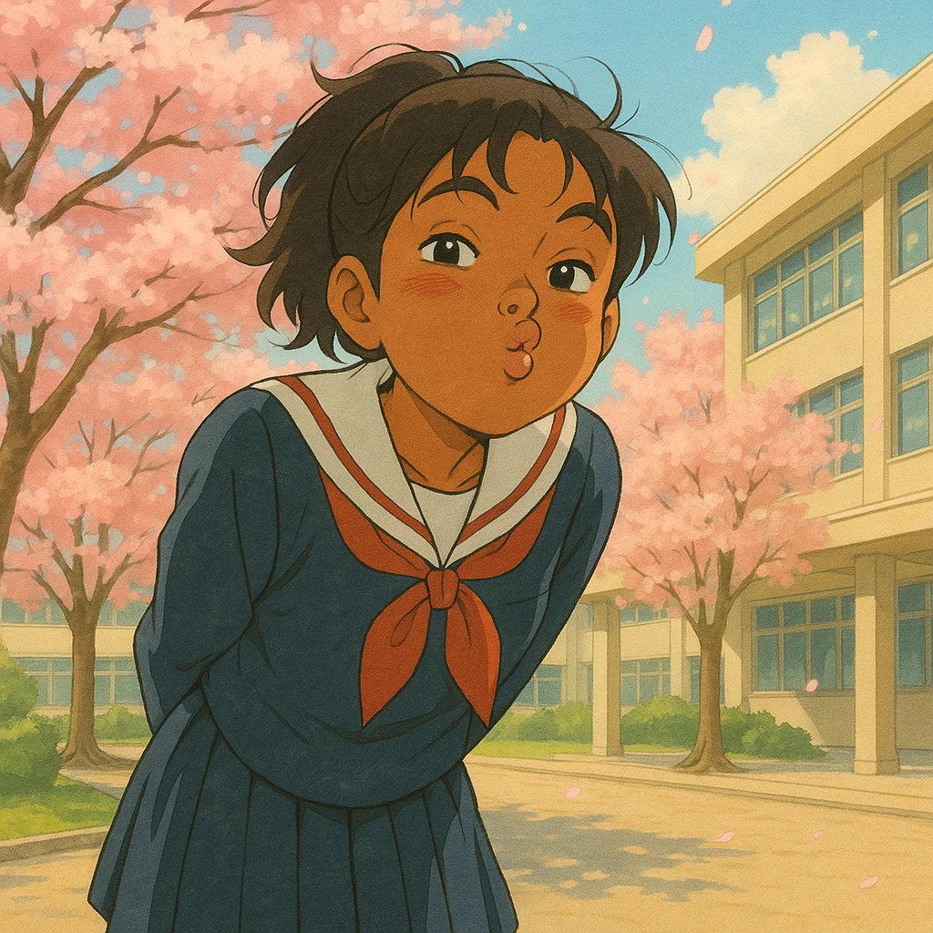 Japanese brown-skinned high school girl in a Tokyo high school setting, leaning forward with a mischievous smile and puckered lips, school uniform, cherry blossoms in the background, anime-inspired emoji