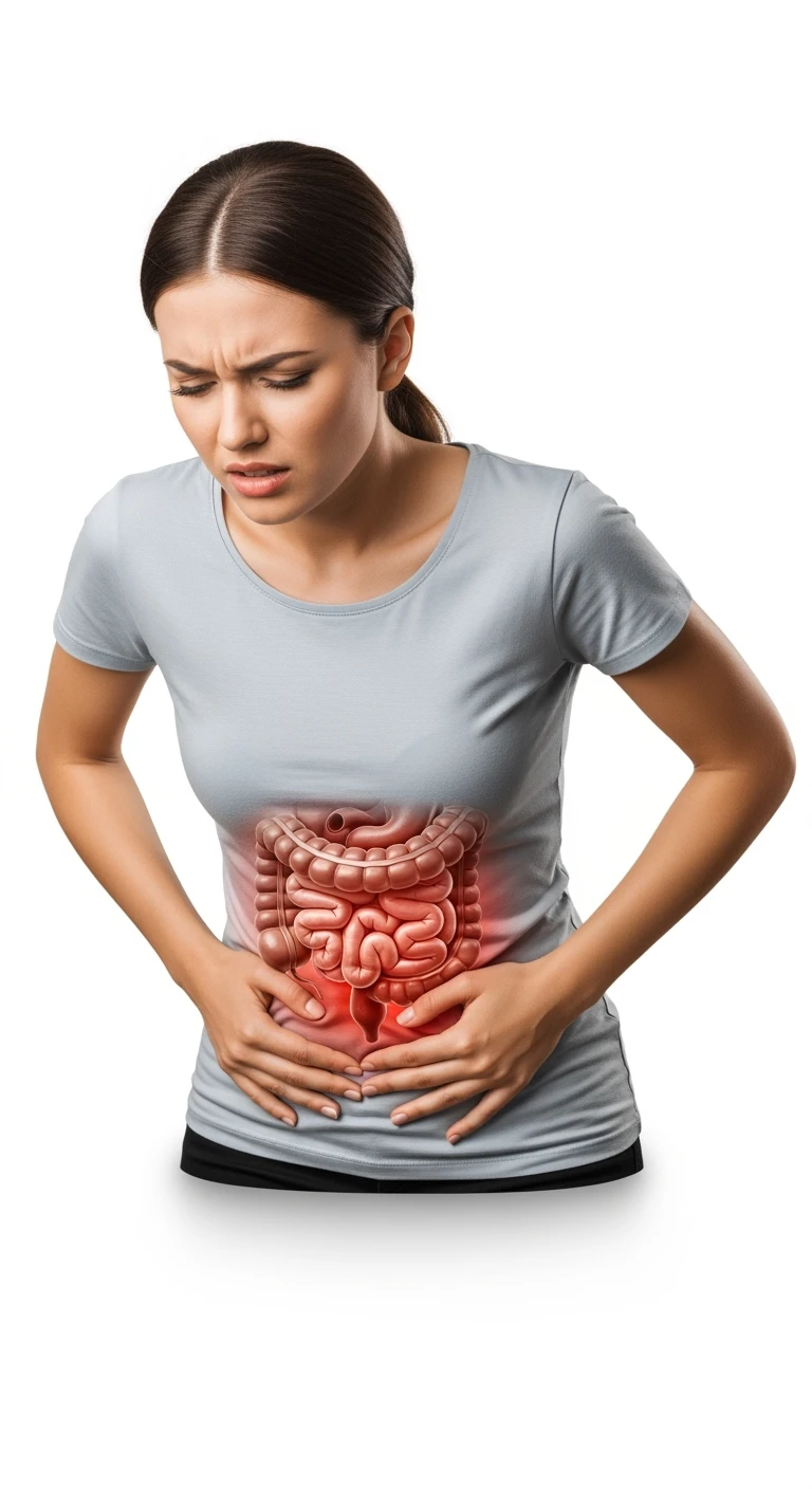 DONNA CON PANCIA DOLORANTE E INTESTINO UMANO ANATOMICO VISIBILE, ISOLATO SU SFONDO BIANCO emoji