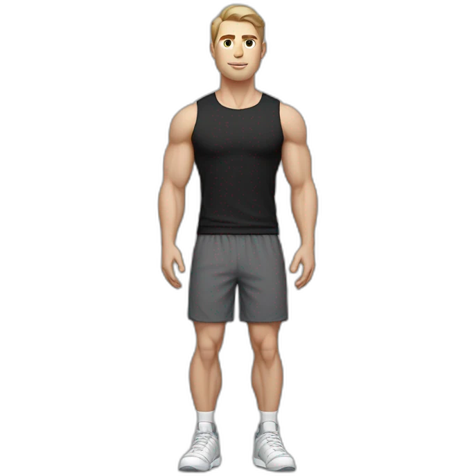 Pale skinned Fit Man With the biceps and dark brown hair in black shirt, gray sports shorts and white Sneakers emoji