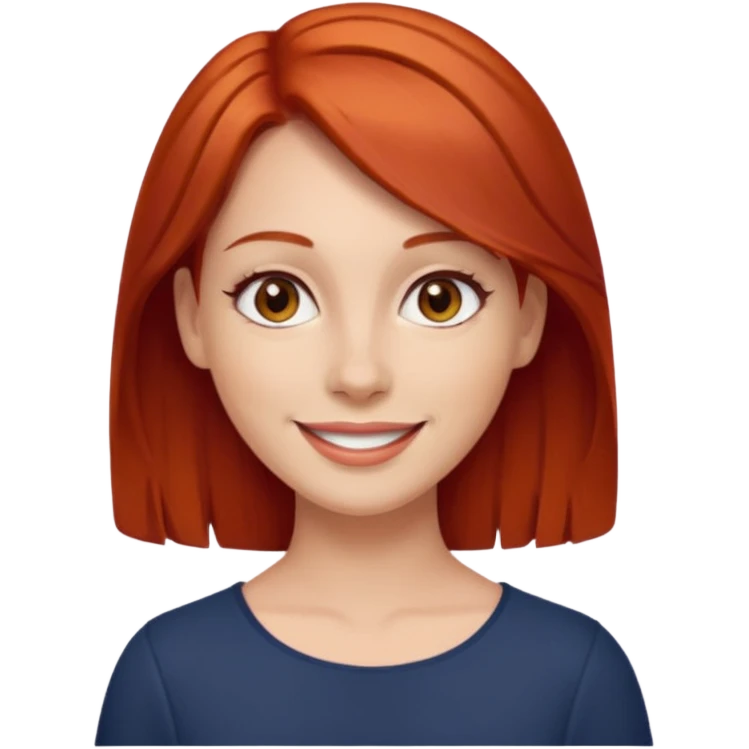 Mulher com cabelo liso mediano cor ruivo, olhos castanhos branca sorrindo emoji
