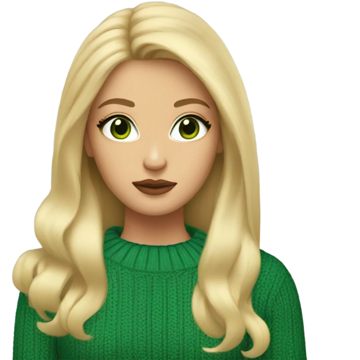 blonde girl with green eyes, smooth skin, sweater, long blow out hair, baddie, middle part emoji