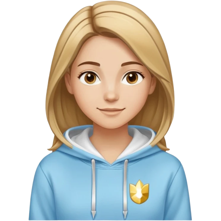 Woman with predominantly brown hair with blonde highlights, straight with side part, serene smile, dreamy eyes, wearing a light blue fantasy-sporty hoodie with golden and white details emoji