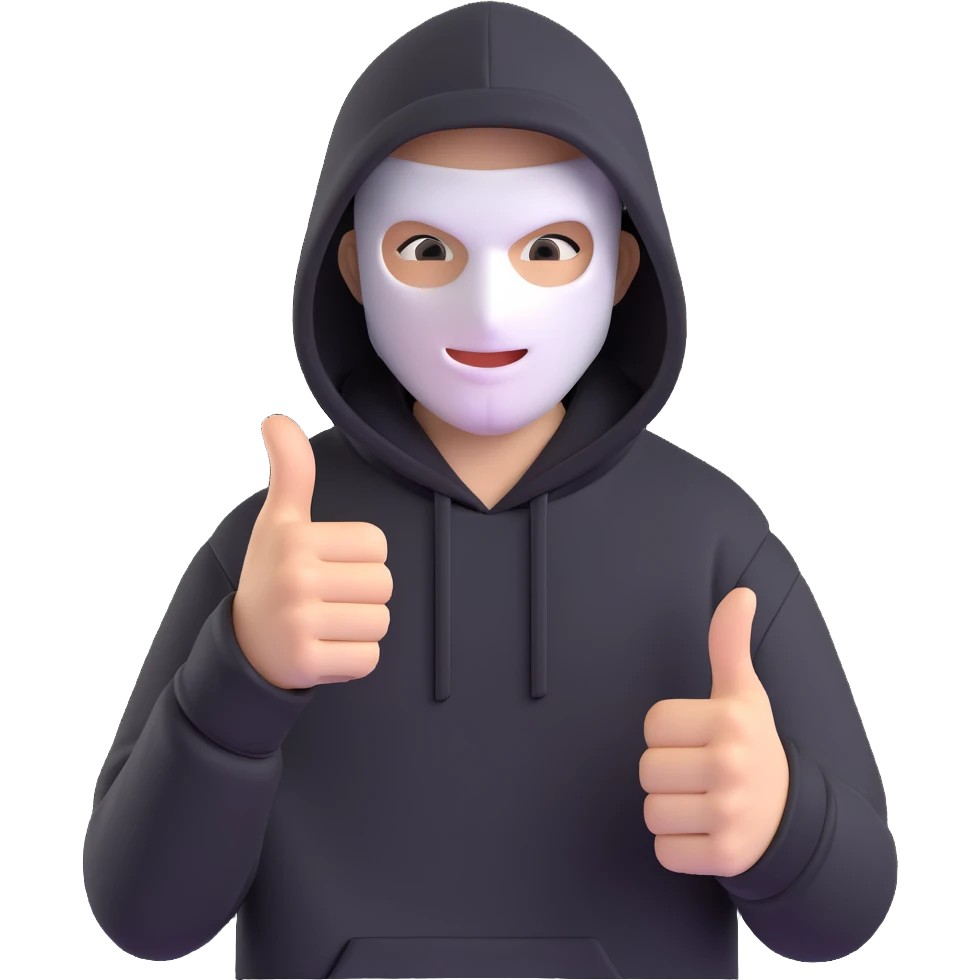 A person in a black hoodie giving a thumbs up, with the face replaced by a white mask, in 3D style, no background. emoji