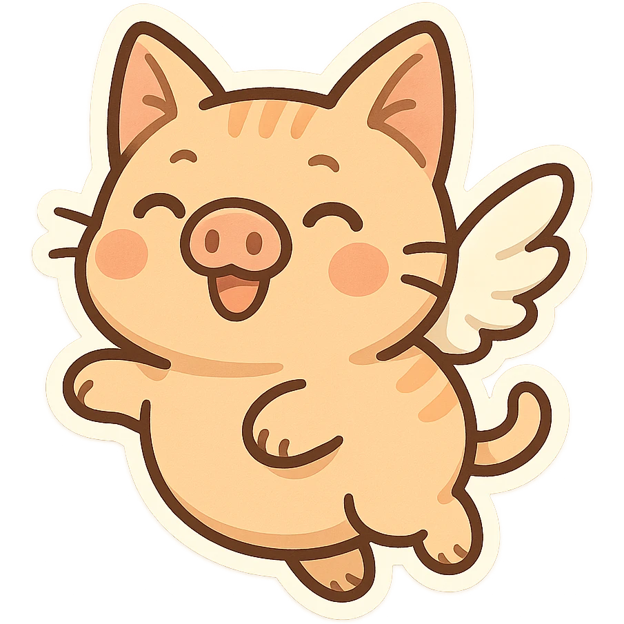 a fat flying cat with pig-like features, whimsical, wings, playful expression, cute cartoon style emoji