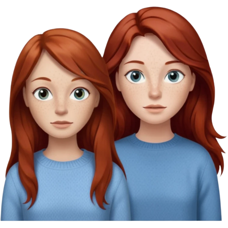 woman with long dark auburn red hair that is mostly straight but has slight waves to it. grey blue eyes. some freckles. wearing a Swedish style sweater that is neutral. the image on the right is closer emoji