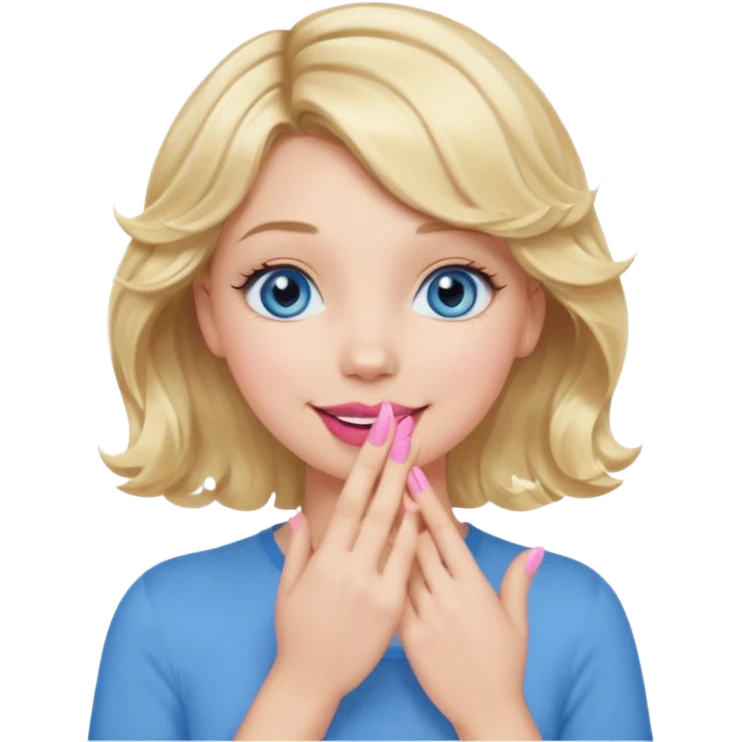 Girl Blonde short wavy hair,  blue eyes, cute blue top, long lashes, pink lips, smiling, hand covering the mouth emoji