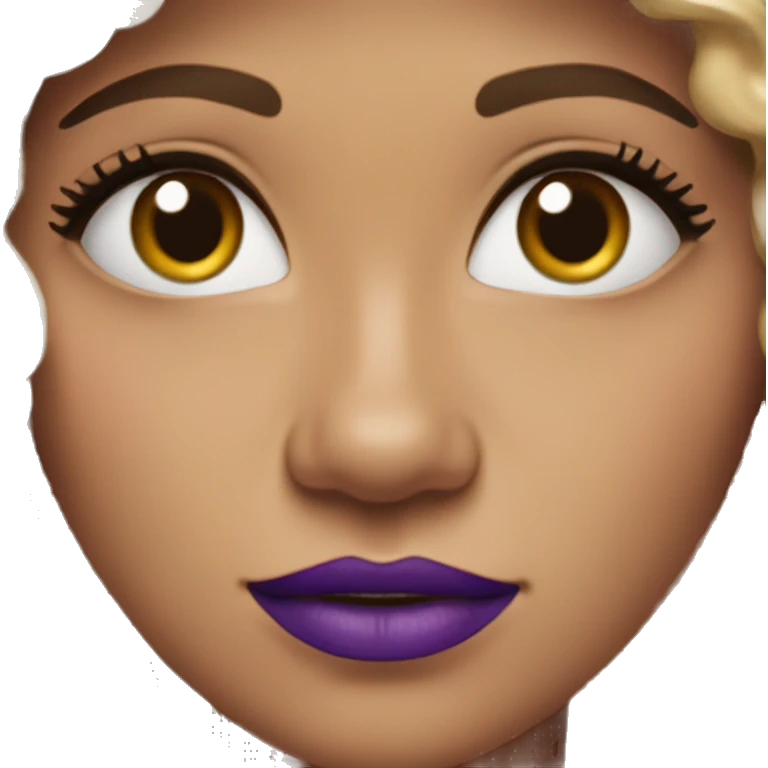Woman with fair but warm skin with short curly hair, neck length, that has volume. She has light brown eyes and is wearing purple lipstick and long purple earrings!! She looks whimsical emoji