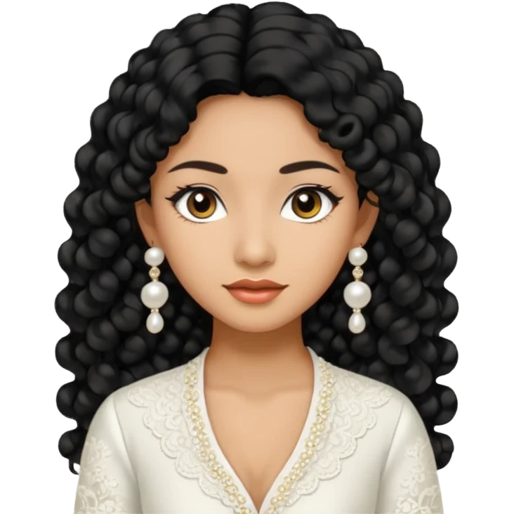 tan skin women, with black long Curly hair, wear white kebaya , and little pearl earring emoji