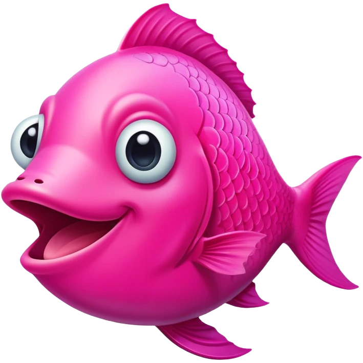 super friendly, extremely derpy bright neon pink fish with big goofy smile and crossed eye, tongue sticking out, perfect flat side profile facing right, exactly 90 degrees, one eye visible emoji