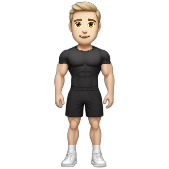 Pale skinned Fit Man With the biceps and dark brown hair in black shirt, gray sports shorts and white Sneakers emoji