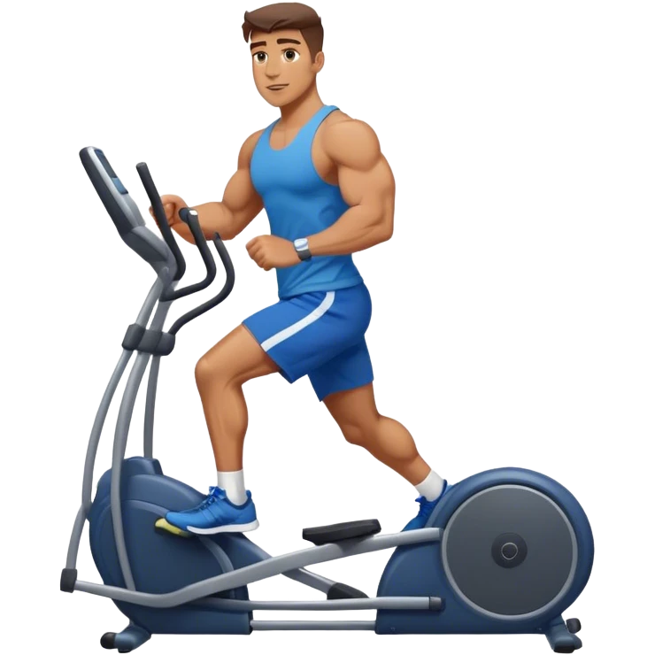 buff guy in blue shorts using elliptical emoji