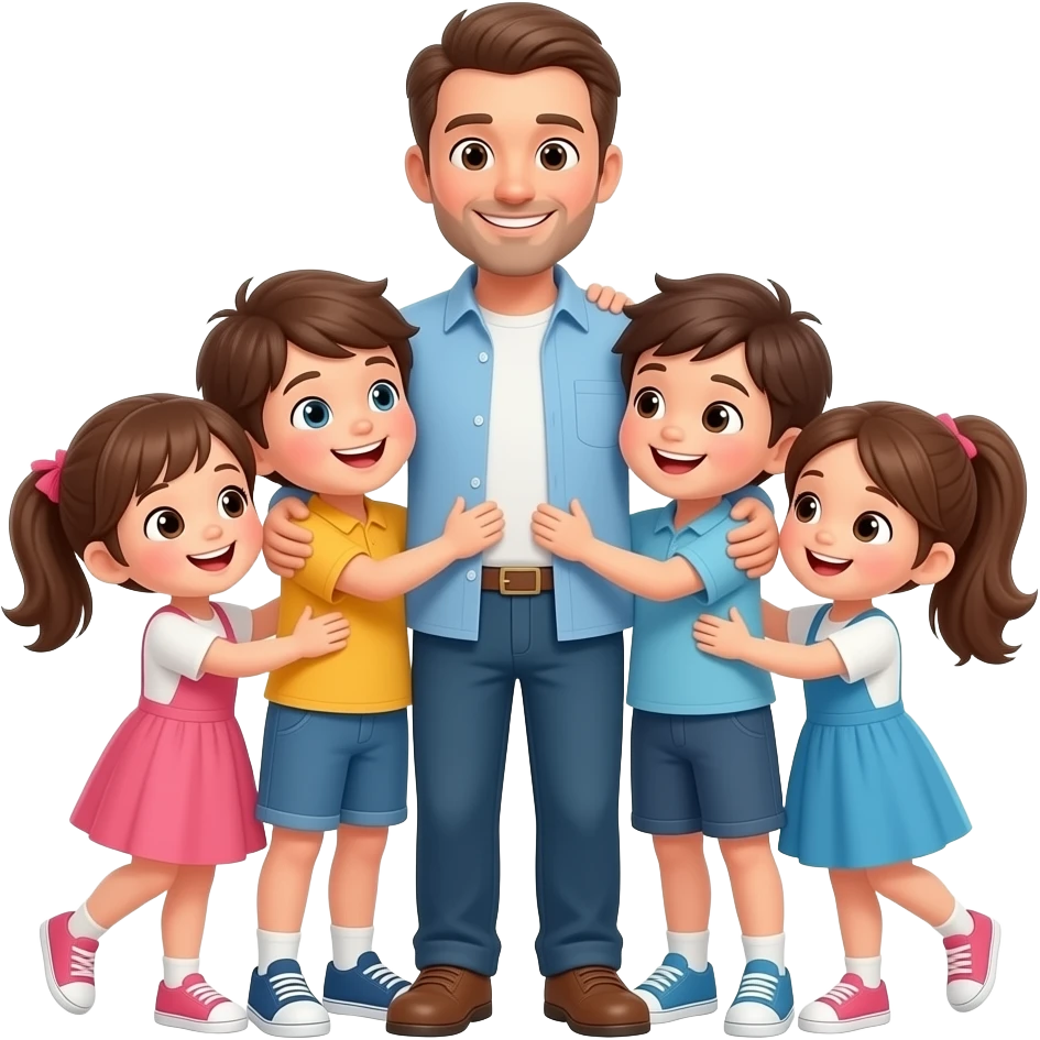 hijos abrazando a su padre todo el cuerpo muy felizes mirandose entre ellos emoji