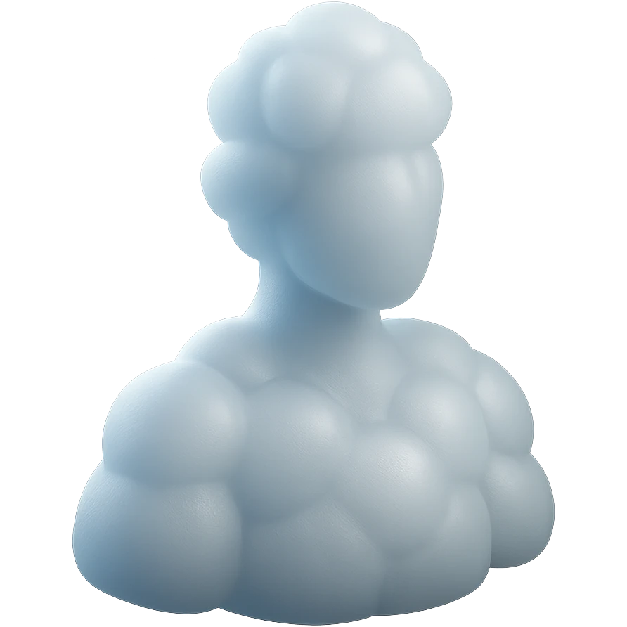 shoulder-up person fully made of white fluffy convex clouds, matte glass style emoji