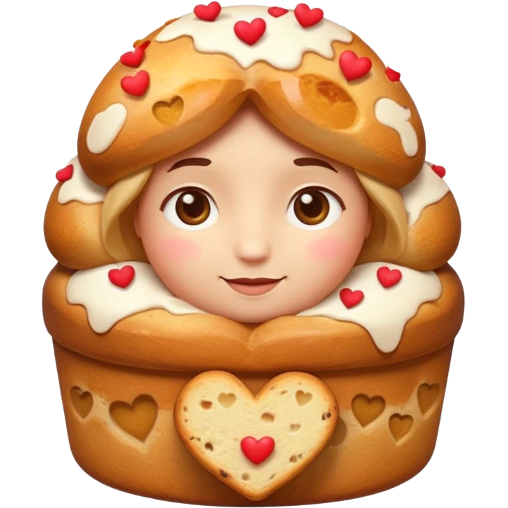 Apple-style emoji illustration of a cute face with dreamy eyes hugging a traditional panettone, small hearts floating around, soft 3D emoji style, smooth gradients, rounded shapes, warm festive colors, simple expression, centered composition, transparent background, no text. emoji