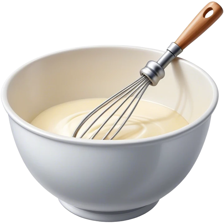 Cinematic Realistic Whisk & Mixing Bowl, a well-used metal whisk resting in a smooth ceramic mixing bowl, light reflecting off the whisk’s polished surface, subtle smears of batter along the rim, glowing with a sense of warmth and creativity. emoji