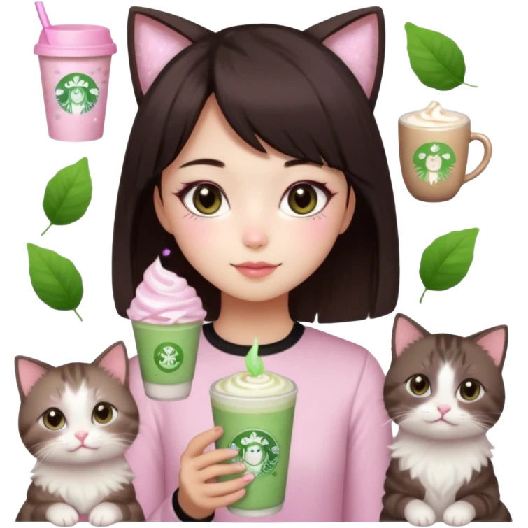 asian girl with short dark brown hair and dark brown eyes with a soft girl pink glowup aesthetic, matcha latte, 2 light brownragdoll cats, and sparkles, makeup, and money emoji